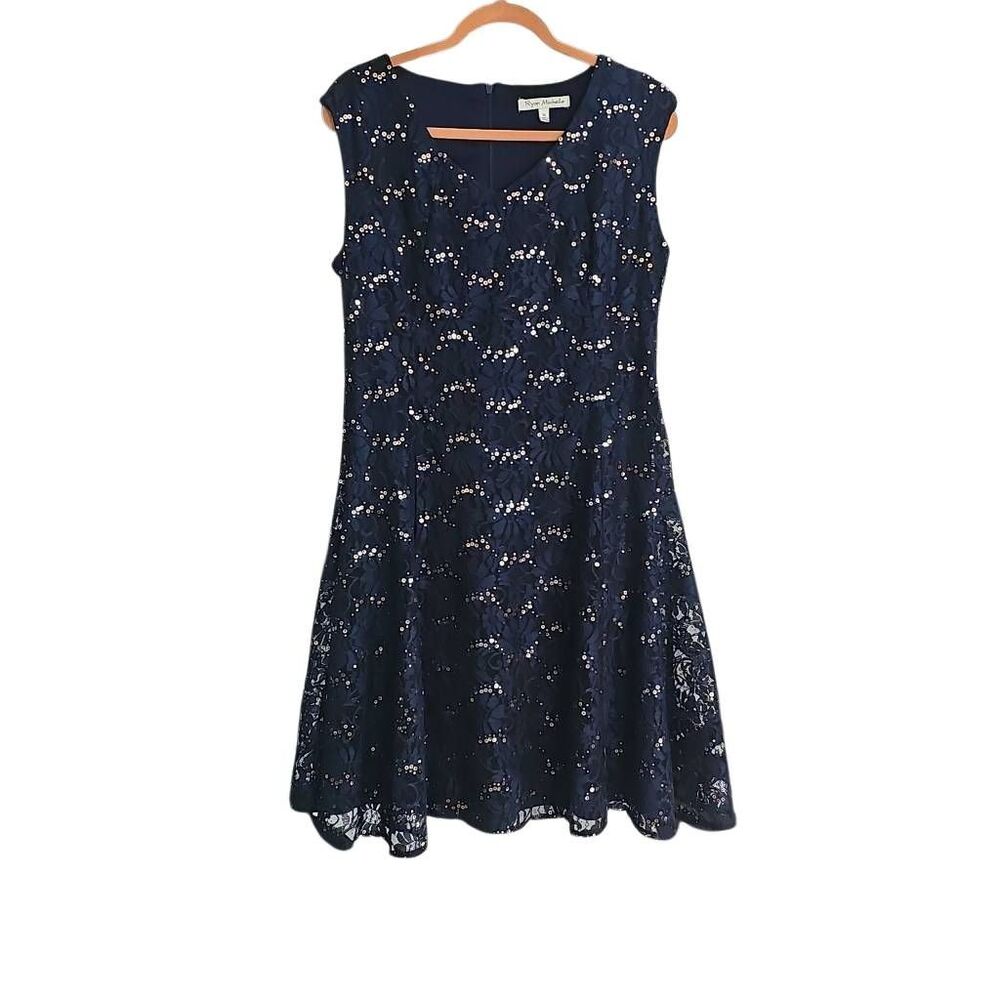 Ryan Michelle Event Dress, Size XL, Navy Blue with Sequins and floral lace overl